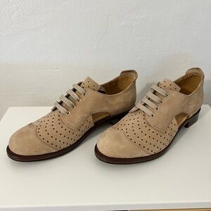 The Office of Angela Scott Tan Suede Cutout Loafers